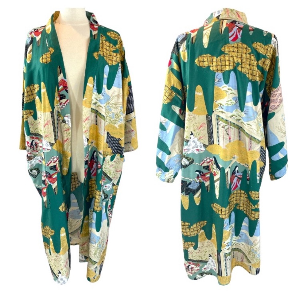 Japanese Vintage Green & Gold Kimono Yukata Wrap Robe Open Front Woman Short